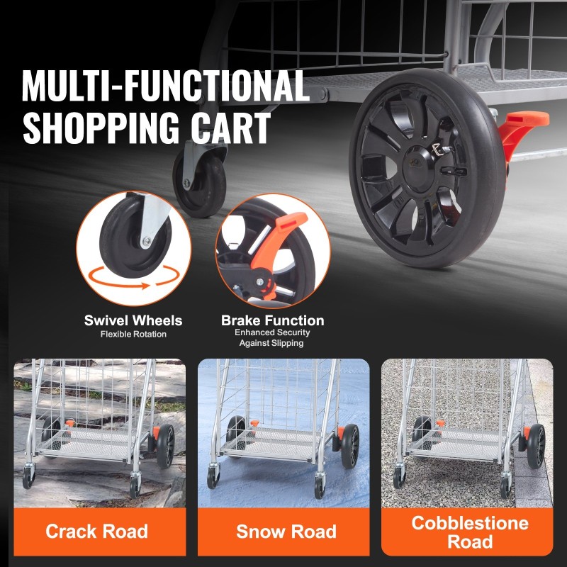 Kokoontaitettava rautaputkirunkoinen ostoskärry 49,9 kg kantavuus kääntyvillä etupyörillä