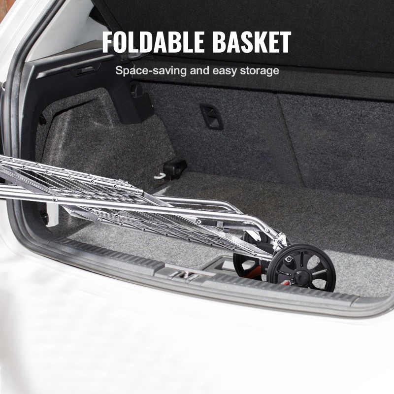 Kokoontaitettava rautaputkirunkoinen ostoskärry 49,9 kg kantavuus kääntyvillä etupyörillä