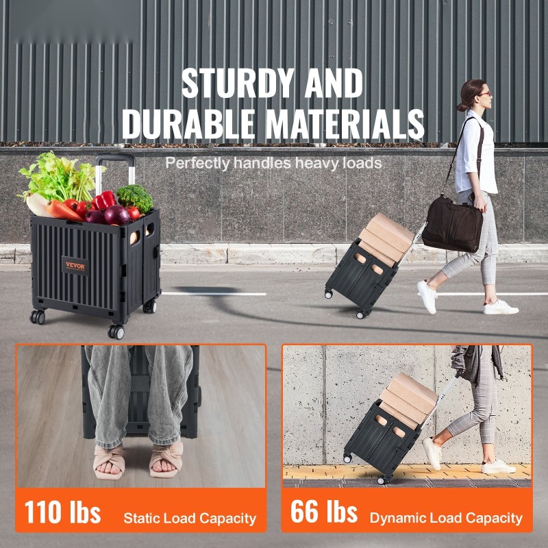 Taitettava käyttövaunu PP-kori 49,8 kg kantavuus 4 kääntyvää pyörää teleskooppikahva