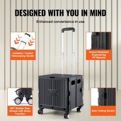 Taitettava käyttövaunu PP-kori 49,8 kg kantavuus 4 kääntyvää pyörää teleskooppikahva