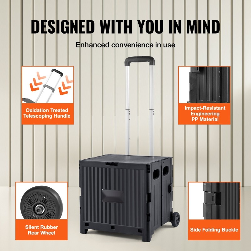 Taitettava käyttövaunu PP-muovinen 36 kg kantavuus teleskooppikahva kaksi pyörää