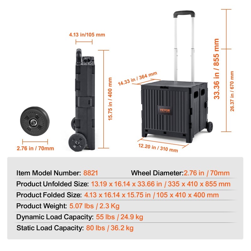 Taitettava käyttövaunu PP-muovinen 36 kg kantavuus teleskooppikahva kaksi pyörää