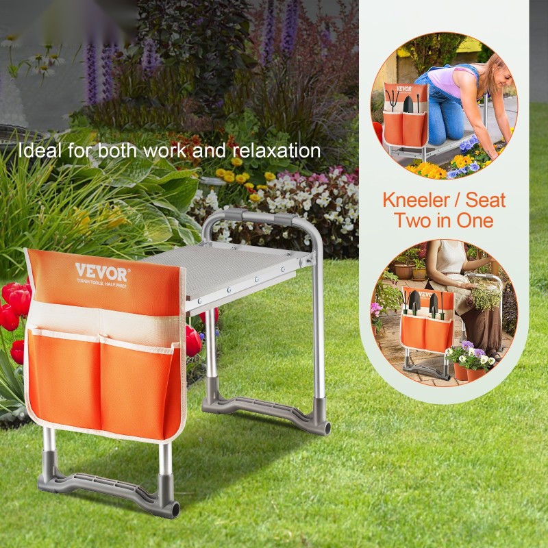 Puutarhapolvistumistuki ja istuin hiiliteräsrunko EVA-pehmuste taitettava työkalutaskulla