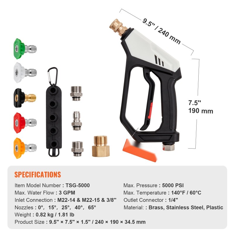 Painepesurin lyhyt pesukahva messinki ruostumaton teräs muovi maksimipaine 5000 viisi suutinta