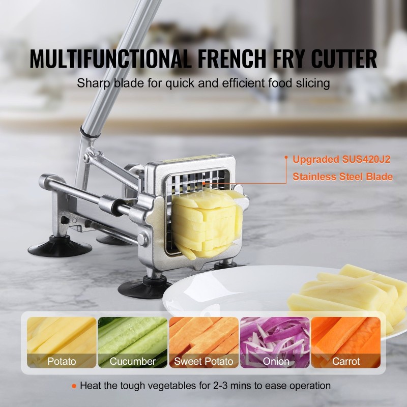 Manuaalinen perunaleikkuri alumiinista ja ruostumattomasta teräksestä imukuppijaloilla 1/2 ja 3/8 tuuman terillä