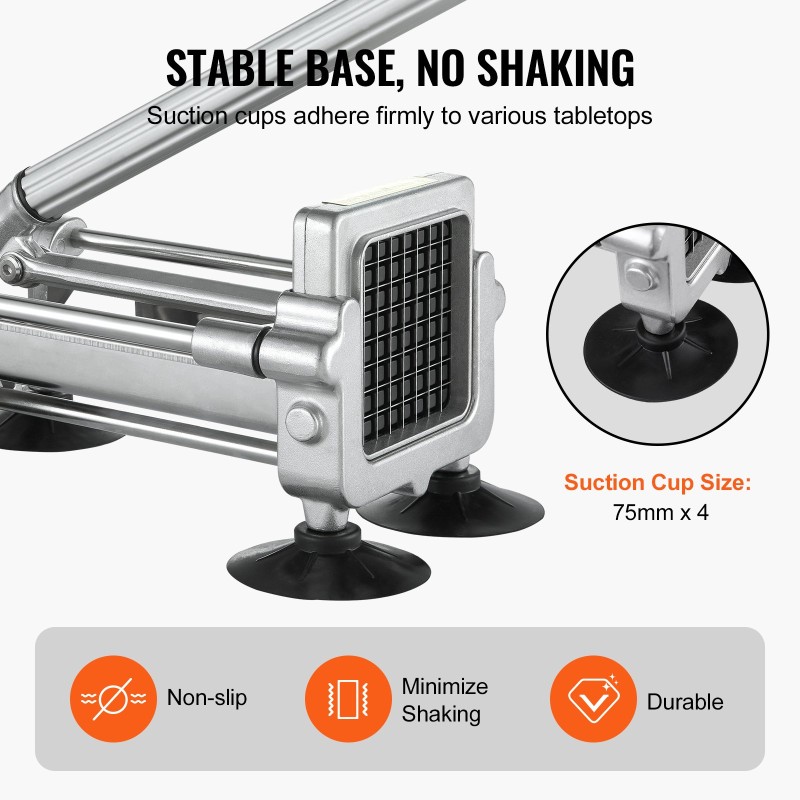 Manuaalinen perunaleikkuri alumiinista ja ruostumattomasta teräksestä imukuppijaloilla 1/2 ja 3/8 tuuman terillä