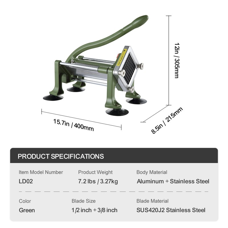 Manuaalinen ranskanperunaleikkuri 1/2-tuuman ja 3/8-tuuman ruostumattomat terät imukuppijalalla