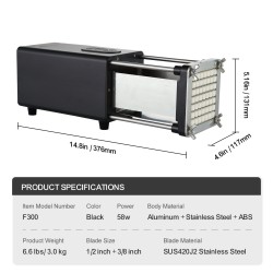 Sähköinen perunaleikkuri 1/2- ja 3/8-tuumaisilla ruostumattomilla terillä perunoille ja vihanneksille