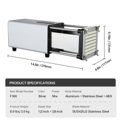 Sähköinen ranskanperunaleikkuri ruostumattomilla terillä puoli ja kolme kahdeksasosaa tuumaa