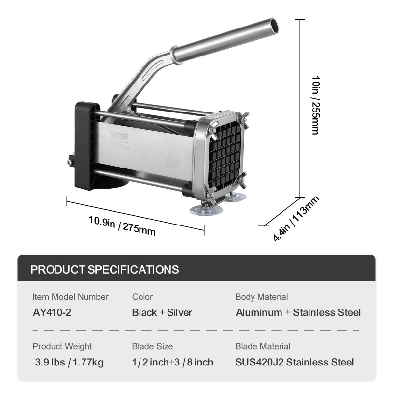 Manuaalinen perunaleikkuri ruostumattomat 1/2 ja 3/8 tuuman terät 3 imukuppia