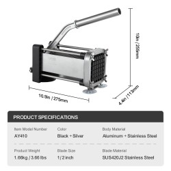 Manuaalinen perunaleikkuri 1/2-tuumainen ruostumaton terä alumiinirunkoinen imukuppijalkainen kumipäällysteinen vipukahva