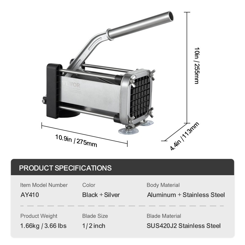 Manuaalinen perunaleikkuri 1/2-tuumainen ruostumaton terä alumiinirunkoinen imukuppijalkainen kumipäällysteinen vipukahva