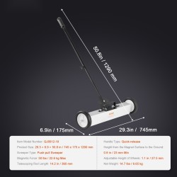 Rullaava työntömallinen magneettikeräin seitsemänkymmentäneljä senttimetriä leveä teleskooppikahvalla säädettävillä pyörillä