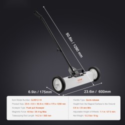 Työntömallinen rullattava magneettiharava 18 tuumaa 20,4 kg magneetti teleskooppivarrella suurilla kumipyörillä
