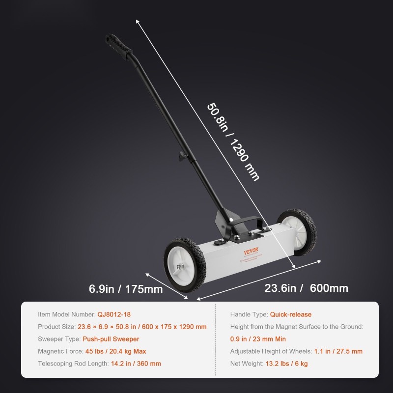 Työntömallinen rullattava magneettiharava 18 tuumaa 20,4 kg magneetti teleskooppivarrella suurilla kumipyörillä