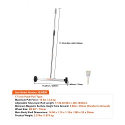 Magneettinen lakaisija pyörillä 43 cm keräyspinta 4,5 kg vetokyky säädettävällä teleskooppivarrella