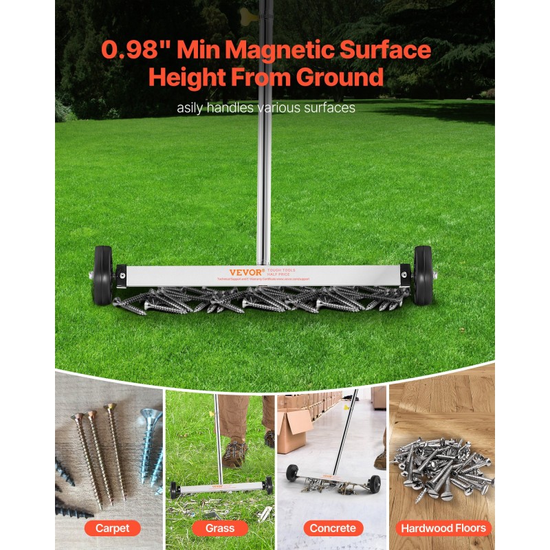 Magneettiharava pyörillä 445 mm työleveys 4,5 kg nostokyky säädettävällä varrella