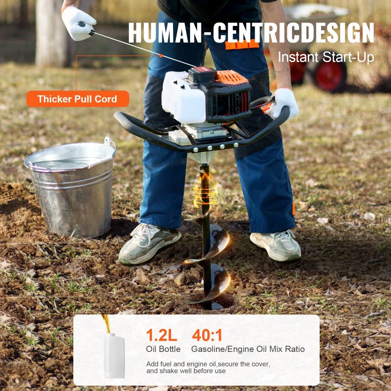 Bensiinikäyttöinen maaporakone 52CC 1450W 150 ja 250 mm poranterillä ja 3 jatkovartta