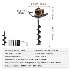 Bensiinikäyttöinen maaporakone 52CC 1450W 150 ja 250 mm poranterillä ja 3 jatkovartta