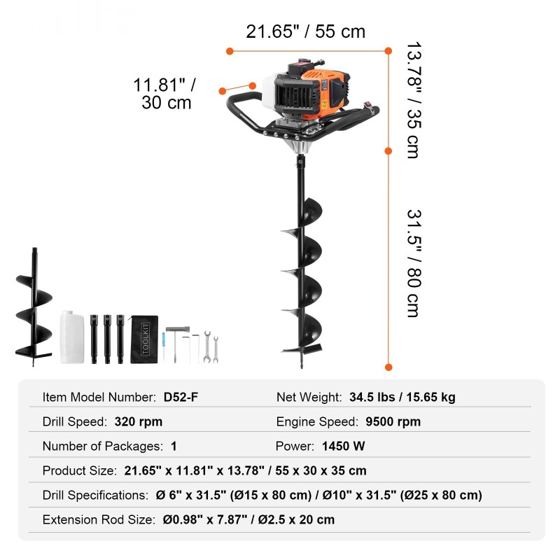 Bensiinikäyttöinen maaporakone 52CC 1450W 150 ja 250 mm poranterillä ja 3 jatkovartta