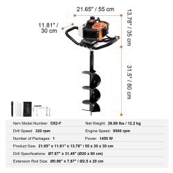 Bensiinikäyttöinen maaporakone 52 cm3 poranterä halkaisija 200 mm aita ja istutuskuoppiin