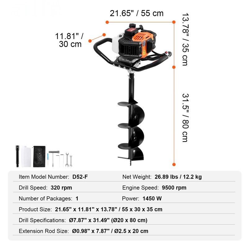 Bensiinikäyttöinen maaporakone 52 cm3 poranterä halkaisija 200 mm aita ja istutuskuoppiin
