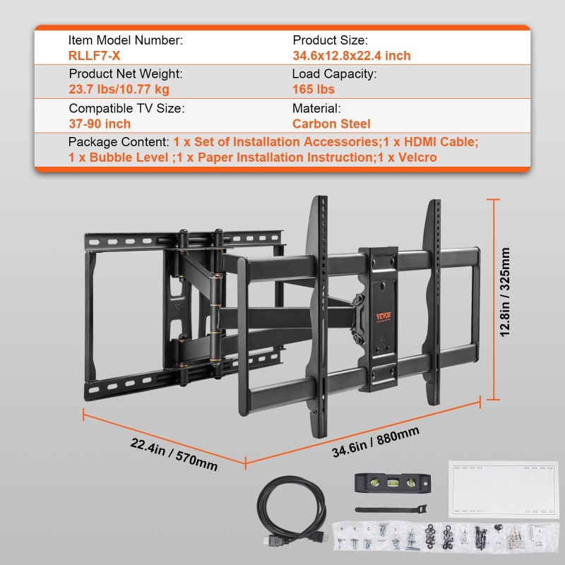 Seinäteline hiiliteräksinen televisioille 37–90 tuumaa VESA 600x400 75 kg neljä nivelvartta