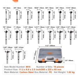 Forstner-puuporanteräsarja 16 kpl hiiliteräs 6,4–41,3 mm puulle ja komposiittilevyille
