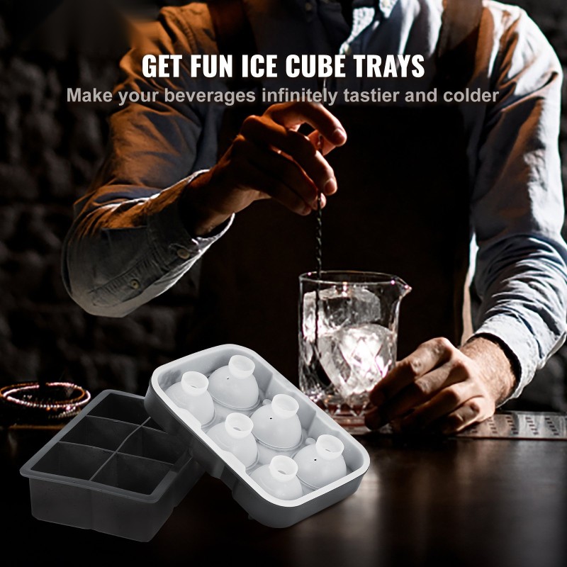 Silikoninen jäämuottisetti 2 muottia 6 kpl/muotti 4,3 cm pallot 5 cm kuutiot