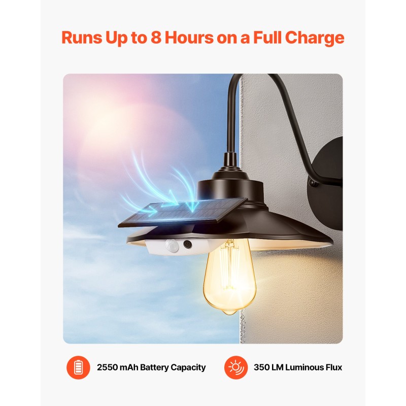 Aurinkokennolla toimiva ulkoseinävalaisin kaarevalla varrella korkeapainerautarunko liiketunnistin