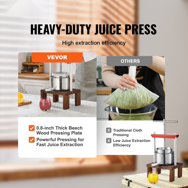 Hedelmä ja viinipuristin 2 l käsikäyttöinen ruostumattomat terässäiliöt pyökkipuulevy