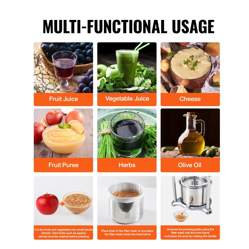 Hedelmä- ja viinipuristin ruostumattomasta teräksestä 5,5 l kahdella säiliöllä T-kahvalla