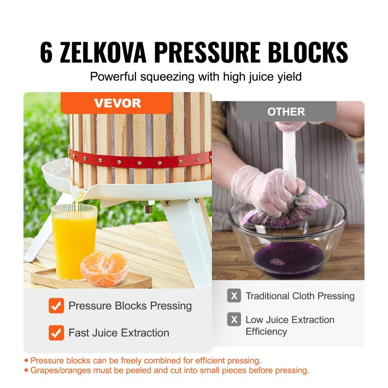 Manuaalinen hedelmä ja viinipuristin 11,3 l Zelkova puukori 6 puupalikkaa