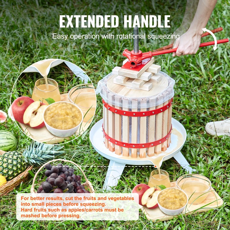 Manuaalinen hedelmä ja viinipuristin 11,3 l Zelkova puukori 6 puupalikkaa