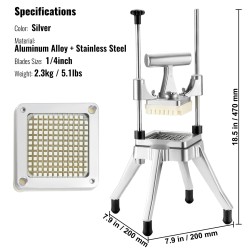 Vihannes- ja hedelmäsilppuri alumiiniseosrunko ruostumattomat terät 1/4-tuumaiset kuutiot ammattikeittiöihin