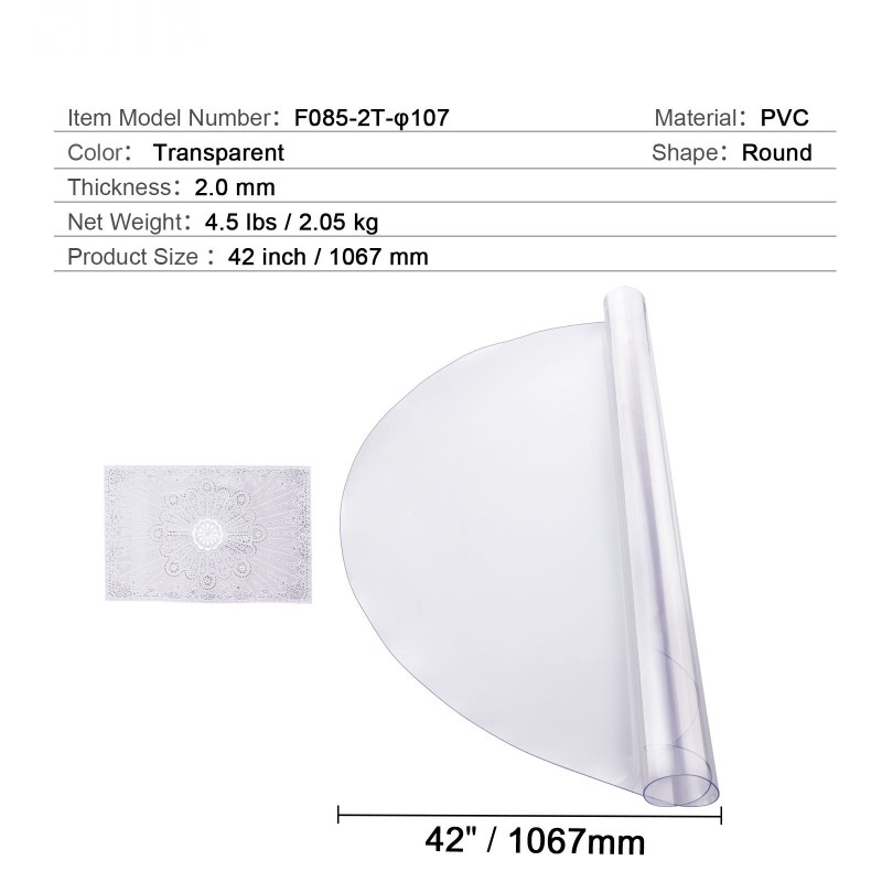 PVC-muovinen läpinäkyvä pöydänsuoja 2,0 mm pyöreä 1067 mm ruokapöydälle keittiöön