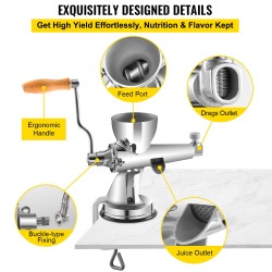 Manuaalinen vehnäorasmehustin ruostumatonta terästä leveällä syöttöaukolla imukupilla ja pöytäkiinnikkeellä