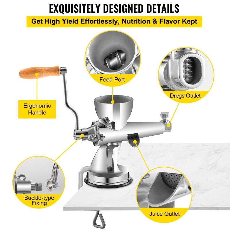 Manuaalinen vehnäorasmehustin ruostumatonta terästä leveällä syöttöaukolla imukupilla ja pöytäkiinnikkeellä