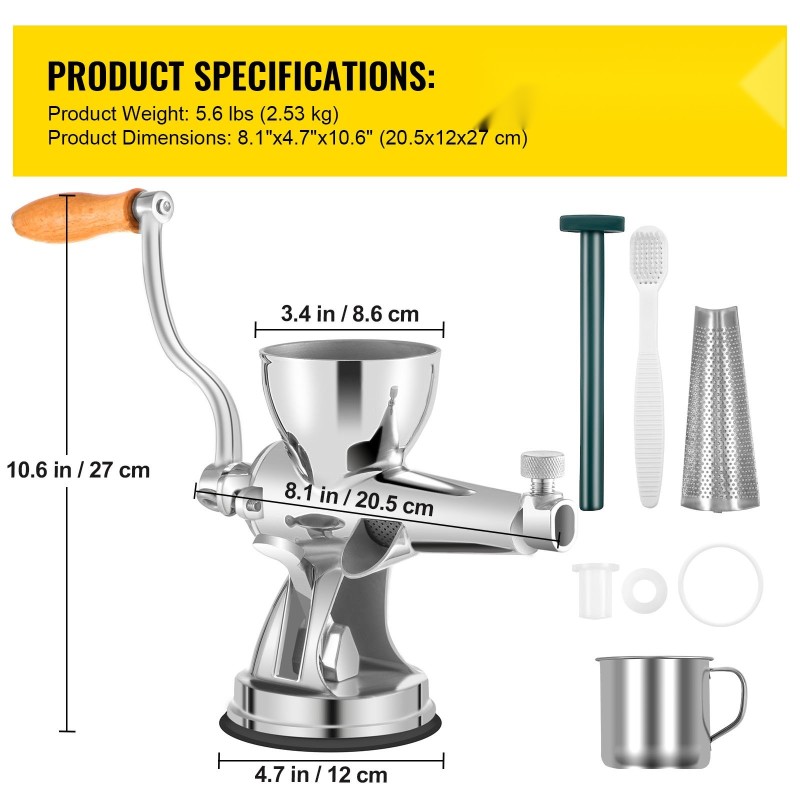 Manuaalinen vehnäorasmehustin ruostumatonta terästä leveällä syöttöaukolla imukupilla ja pöytäkiinnikkeellä