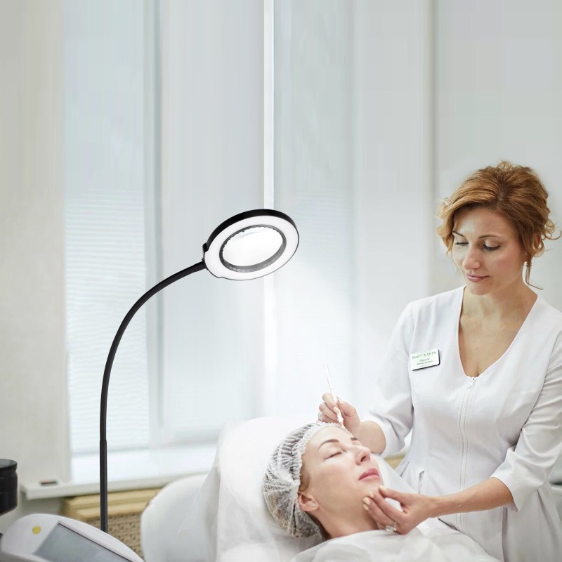 Suurennuslattialamppu 5-kertainen lasilinssi 110 mm säädettävä korkeus joustava varsi