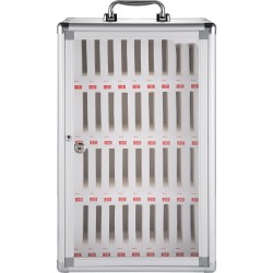 Matkapuhelinkaappi 36 lokeroa alumiiniseosrunko läpinäkyvä pleksilasi avainlukko seinälle asennettava