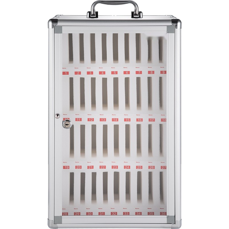 Matkapuhelinkaappi 36 lokeroa alumiiniseosrunko läpinäkyvä pleksilasi avainlukko seinälle asennettava