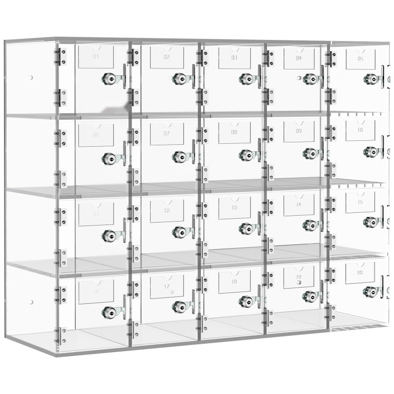 Puhelinsäilytyskaappi läpinäkyvä akryyli 20 lokeroa lukoilla ja avaimilla seinälle asennettava