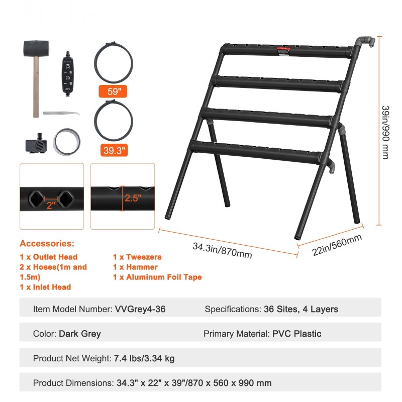 Hydroponinen PVC-muovinen kasvatusjärjestelmä 36 kasvupaikkaa 4 tasoa tummanharmaa ajastimella