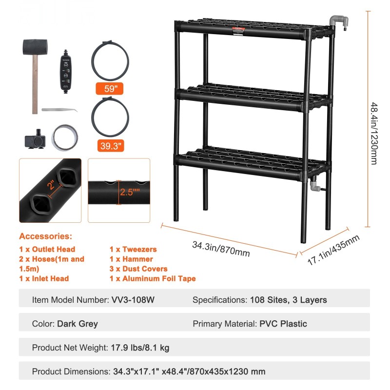 Hydroponinen PVC-kasvatusjärjestelmä 108 kasvupaikkaa 3 kerrosta tummanharmaa ajastinpumppu korit sienet