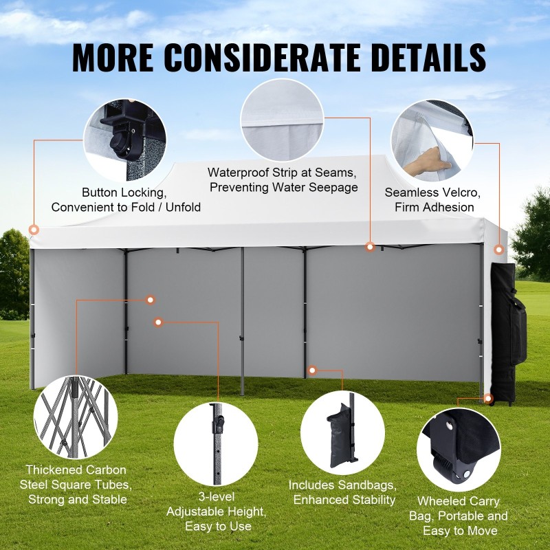 Paviljonkiteltta 500D polyuretaanipinnoitettu kangas 3,05×6,10 m valkoinen irrotettavat sivuseinät säilytyspussi