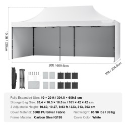 Paviljonkiteltta 500D polyuretaanipinnoitettu kangas 3,05×6,10 m valkoinen irrotettavat sivuseinät säilytyspussi