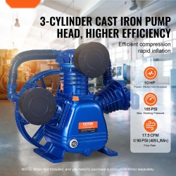 Ilmakompressorin 3-sylinterinen öljyvoitu valurunkoinen pumppupää 10 hv 409 l/min 185 psi