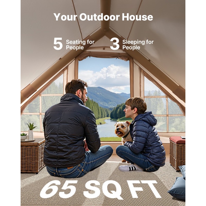 Ilmatäytteinen retkiteltta 300D oxford-kangas 3–5 hengelle käsipumpulla katoksella kamiinaventtiilillä