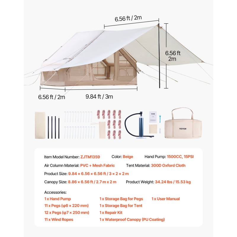 Ilmatäytteinen retkiteltta 300D oxford-kangas 3–5 hengelle käsipumpulla katoksella kamiinaventtiilillä